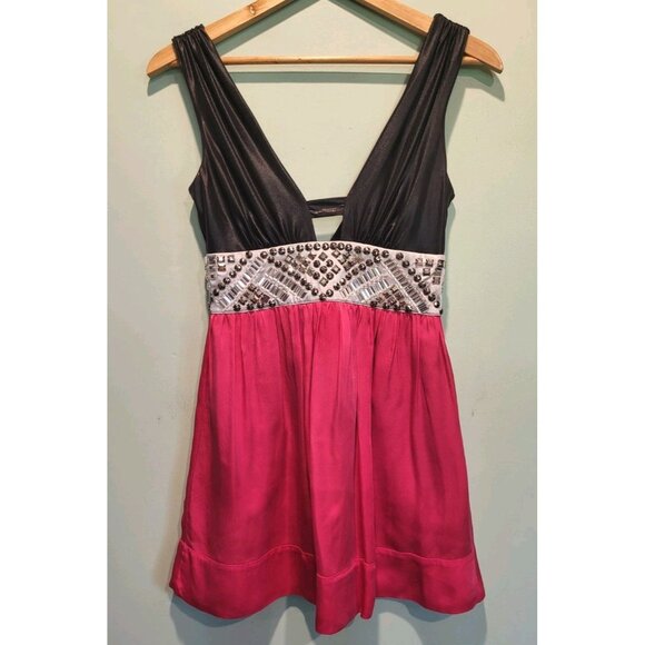 Y2K Bebe Pink Black Sleeveless Beaded V Neck Mini Dress Sz XS - Picture 1 of 8